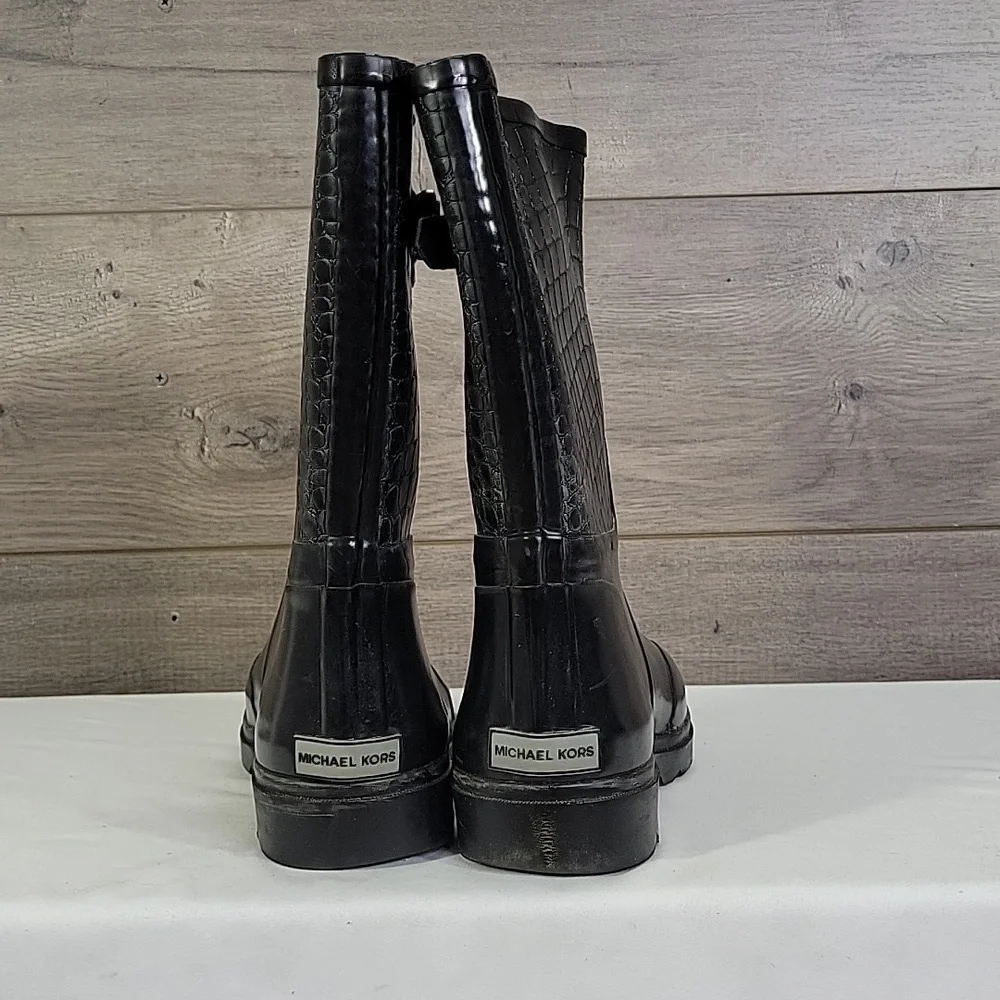 Womens Michael Kors Black Exotic Print Rain Boots Size 9